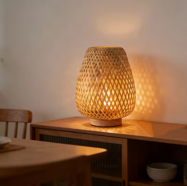 Wabi-Sabi Bamboo Woven Night Light – Vintage Hollow Table Lamp, Retro Zen Ambiance Light for Tea Rooms, Bedrooms, Guesthouses & Bedside