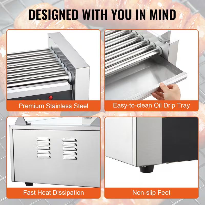 7-Roller Hot Dog Machine – 18 Hot Dogs, 1400W, Dual Temp Control with Bun Warmer & Glass Hood