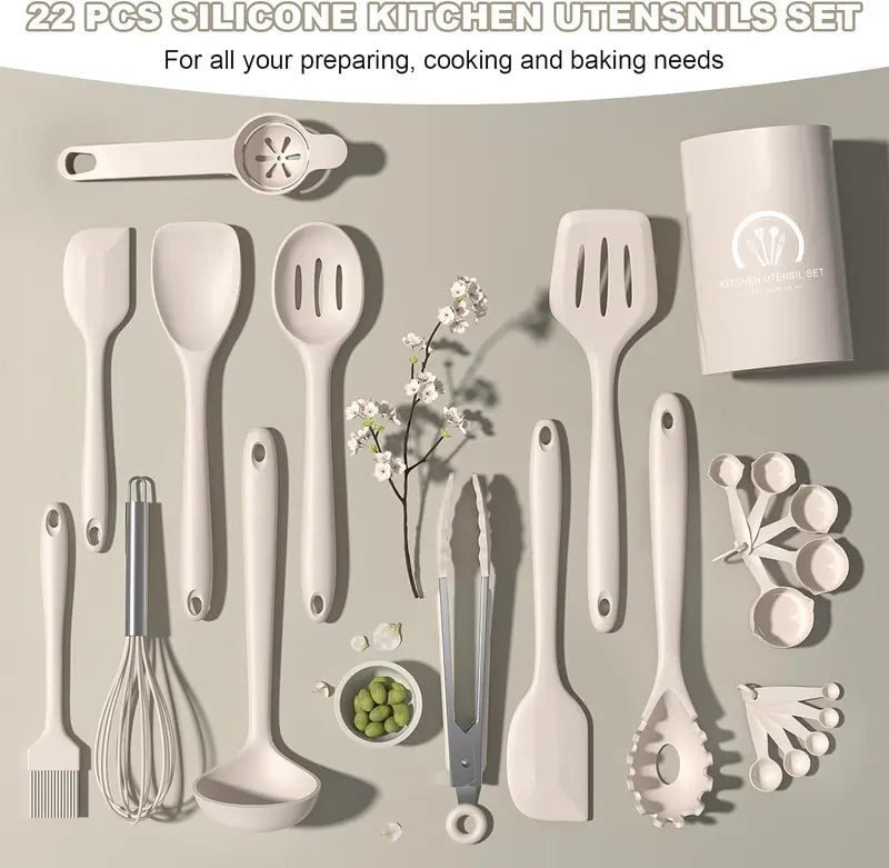 22-Piece Silicone Kitchen Utensils Set – Heat Resistant, Dishwasher Safe, Includes Spatula, Spoon, Whisk & More – Perfect for Nonstick Cookware