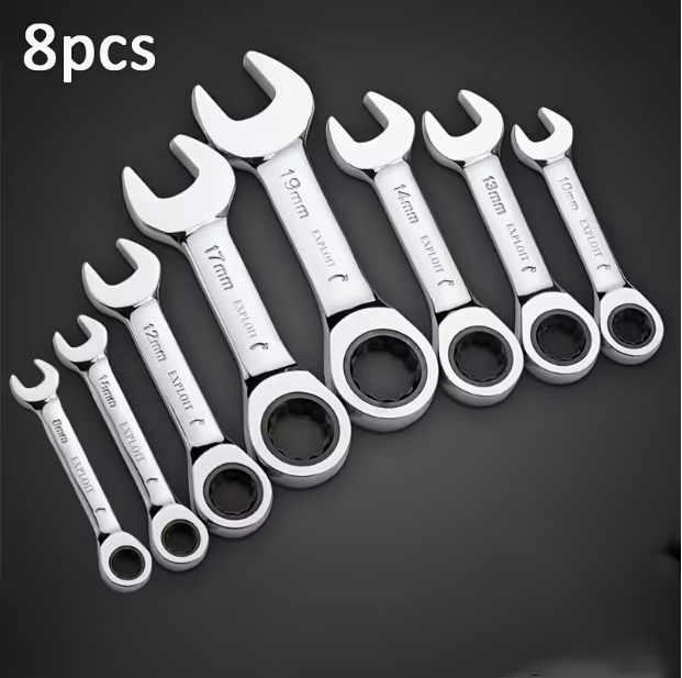 8-Piece Ratchet Wrench Set – Short Handle, Metric, Chrome Vanadium Steel, 72-Tooth, Sizes 8/10/12/13/14/15/17/19mm, with Storage Case