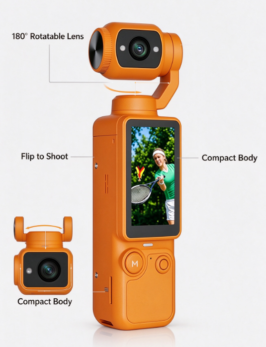 Handheld Vlog Camera – 180° Rotating Lens, Flip Screen, Auto Focus & Stabilization (SD Card Not Included)