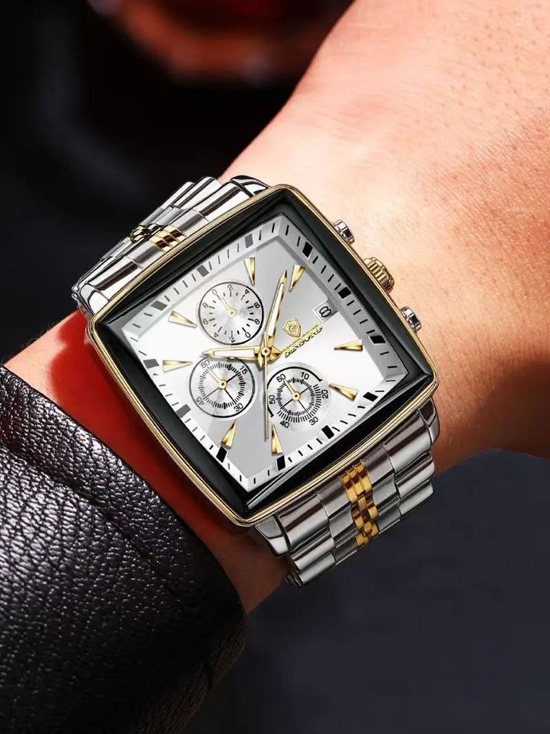 Men's Multifunctional Square Analog Quartz Watch – Stainless Steel Strap, 3-Eye 6-Hand Chronograph Dial, Business Fashion Style