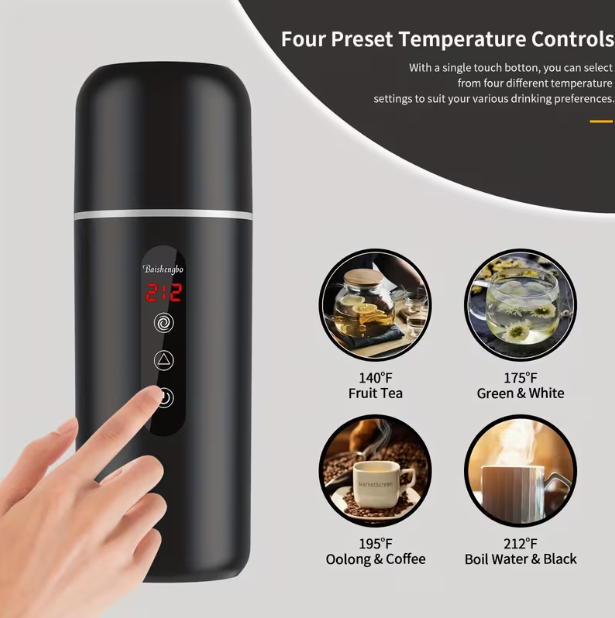 Travel Electric Kettle & Car Coffee Warmer – Portable Hot Water Heater with Stirring, Hot Water Boiler with Built-In Magnetic Induction