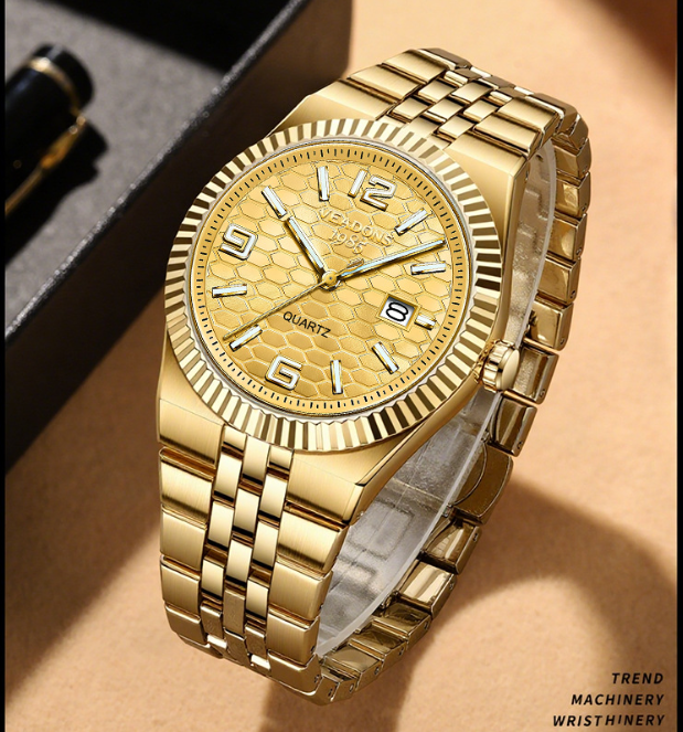 Men's Diamond-Accent Quartz Watch – Luminous Date Display, 3D Grid Dial, Waterproof, Gift Box – Business Casual Style