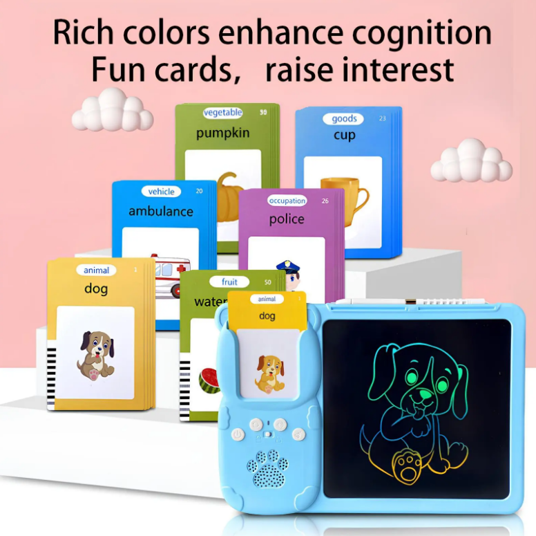 Blue 2 in 1 Learning Card Machine, 510 Words LCD Writing Board Toy with Talking Flash Cards, Educational Toy for Kids, Birthday Gift