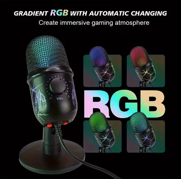 USB Desktop Condenser Microphone – Plug & Play with Stand, RGB Lighting, Noise Reduction, Advanced Built-in Chip, for Gaming, Singing, Live Streaming, Video Conferencing & Podcasting