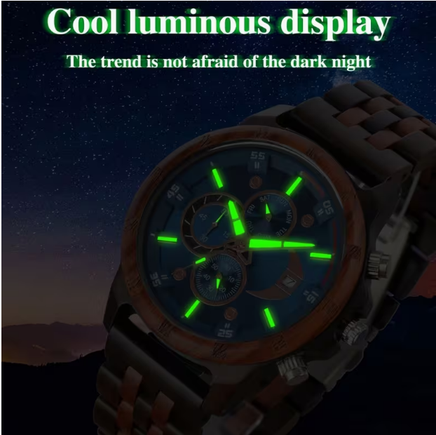 Men's Multifunctional Wooden Quartz Watch – Week, Calendar & Timer Display, Fashion Casual Design
