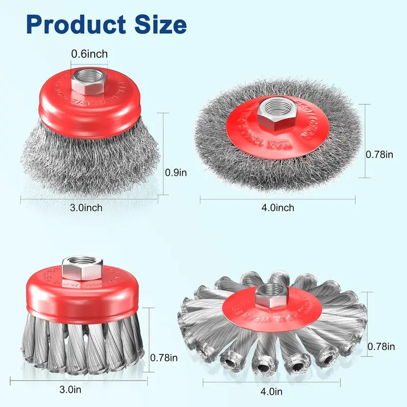 7-Piece Carbon Steel Wire Wheel Brush Set - 3"-4" Knotted and Crimped Cup Brushes, M14 Threaded Arbor for Angle Grinders