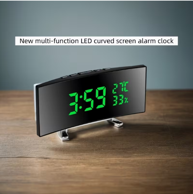 6.6-Inch Multifunctional LED Alarm Clock with Curved Large Screen – Displays Time, Temperature & Humidity, Plug-In or 3 x AAA Battery Powered (Screen Auto-Off in Battery-Only Mode)