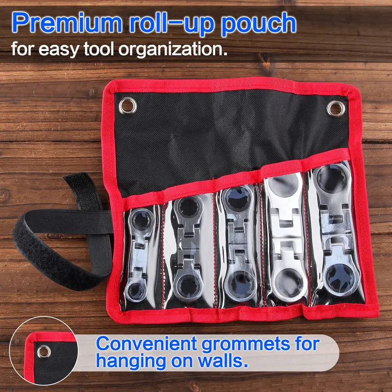 5-Piece Stubby Flex Head Ratcheting Wrench Set - 72-Tooth, Quick Release, Metric Combination Wrench for Tight Spaces