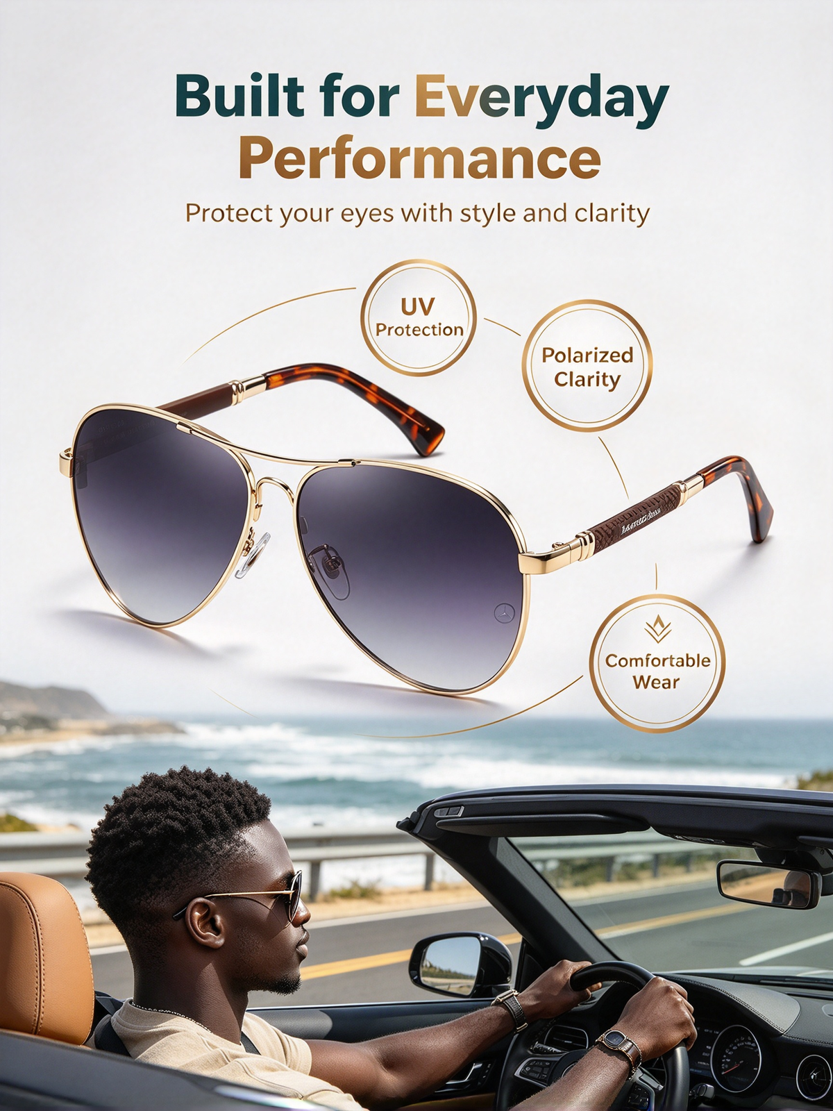 New Mercedes-Benz Men's Polarized Sunglasses - UV Protection Large Frame Memory Aviator Shades