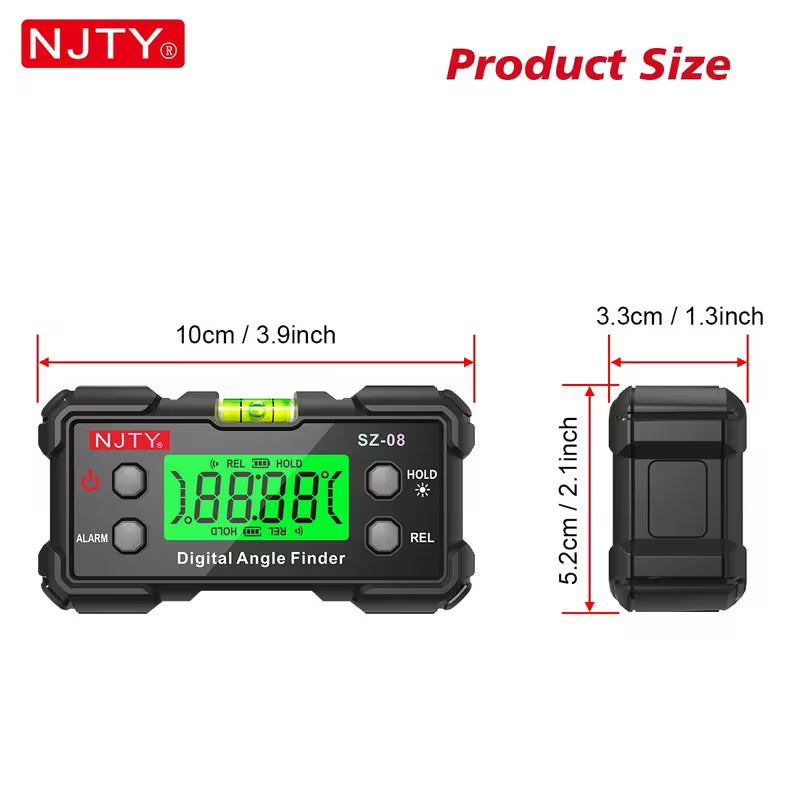 NJTY Digital Inclinometer SZ-08 – High Precision Electronic Level, Backlit, Dual-Sided Magnetic, Angle Alarm
