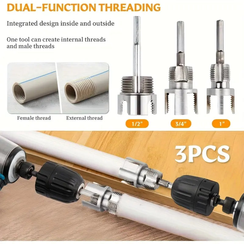 3-Piece Heavy-Duty Alloy Pipe Threading Tool Set - Electric Drill Compatible PVC/Plastic Pipe Threader for DIY & Professional Plumbing