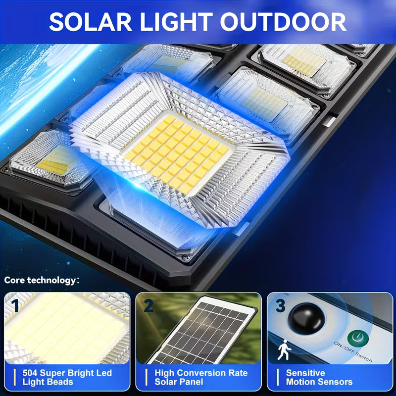 Solar Street Light – 504 LEDs, IP44 Waterproof, Dusk to Dawn for Yard, Deck & Garden