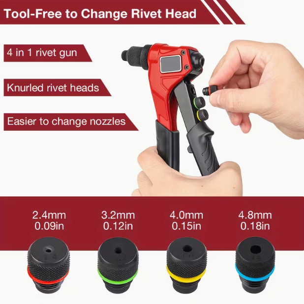 4-in-1 Manual Rivet Gun Set – 2.4-4.8mm, 4 Replaceable Heads, 80 Rivets Included, for Plastic, Metal & Leather, One-Hand Operation