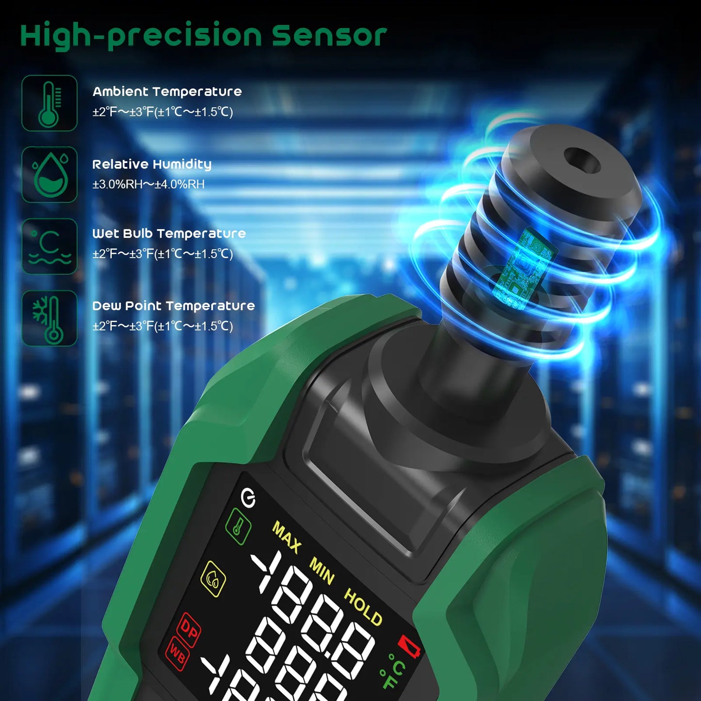 High Precision Digital Hygrometer & Thermometer – Measures Ambient, Relative Humidity, Dew Point, Wet Bulb, Color Backlight & Flashlight, Max/Min & Data Hold – Ideal for Industrial & Home Use