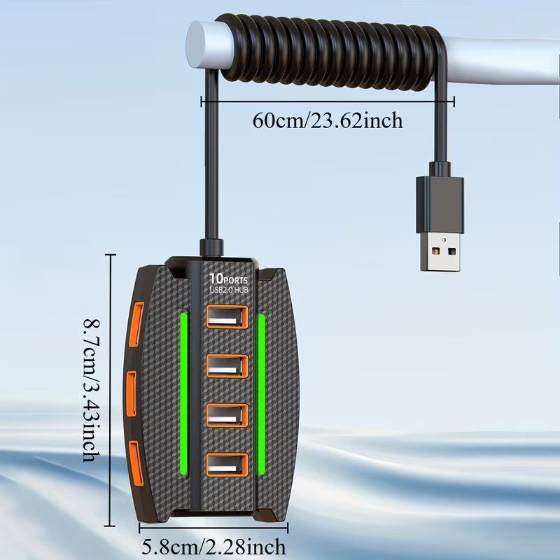 10-Port USB 2.0 Hub with RGB Lights - High-Speed Multi-Device Splitter, Plug and Play, 36V Max for Computer Accessories
