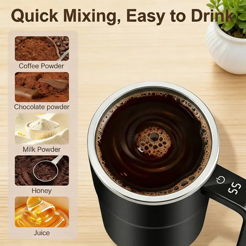 Electric Self-Stirring Coffee Mug – Magnetic Automatic Mixing Cup, Rechargeable with LCD Thermometer, Ideal for Milk, Cocoa, Tea at Office, Kitchen & Travel