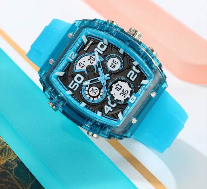 Unisex Ana-Digi Sport Watch – Tonneau Case, Silicone Band, 3 Time Zones, Stopwatch, Alarm, Countdown, LED Backlight, 5ATM Waterproof, Lightweight 61.1g – Ideal for Study, Workout & Everyday Wear