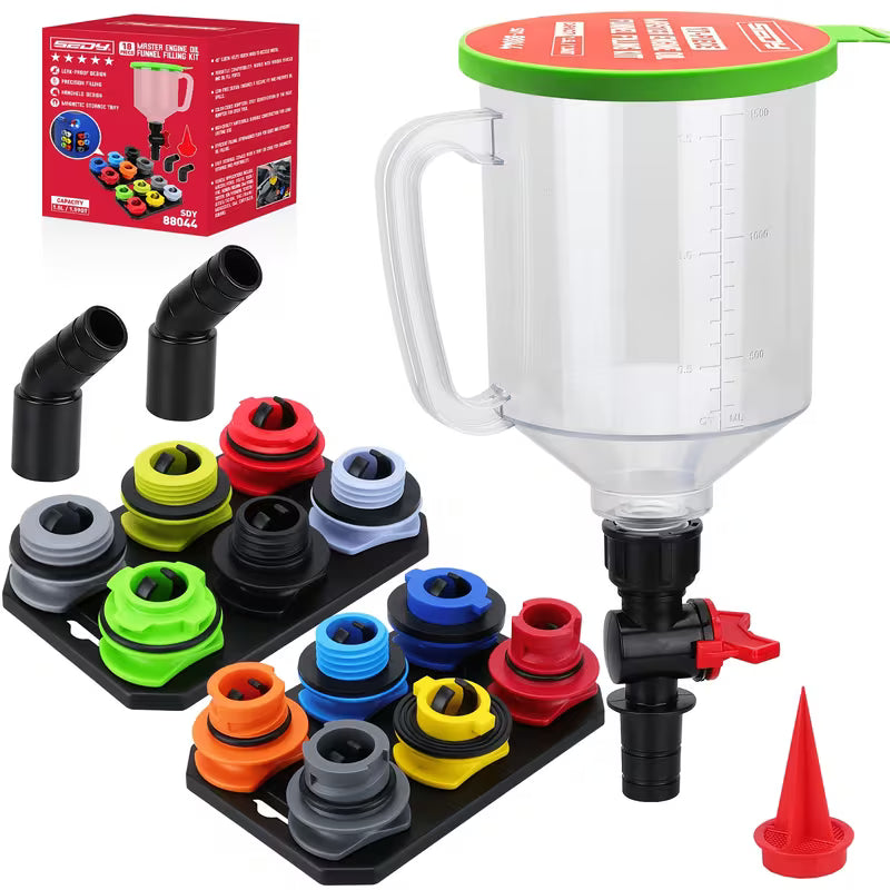 18Pcs Spill-Proof Oil Funnel Kit – 1.59 Qt Funnel with 12 Adapters & Magnetic Storage Hook Tray