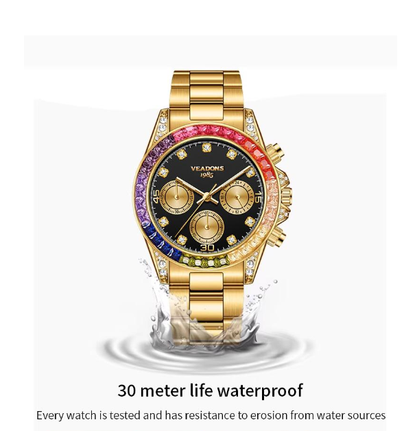 Men's Fashion Rhinestone Quartz Watch – Rainbow Dial, Chronograph, Luminous Date, Water Resistant – Box Not Included, Ideal for Party, Business & Daily Wear