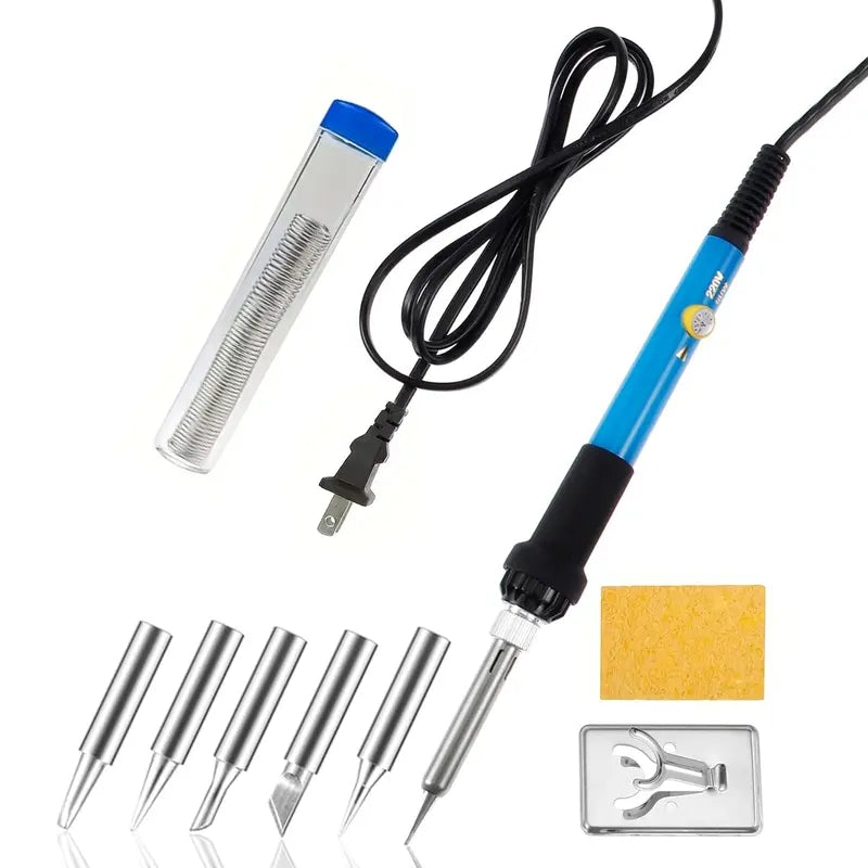 Adjustable Temperature Electric Soldering Iron Set – 110V 60W, 200–450°C, Includes 5 Tips, Stand & Cleaning Sponge