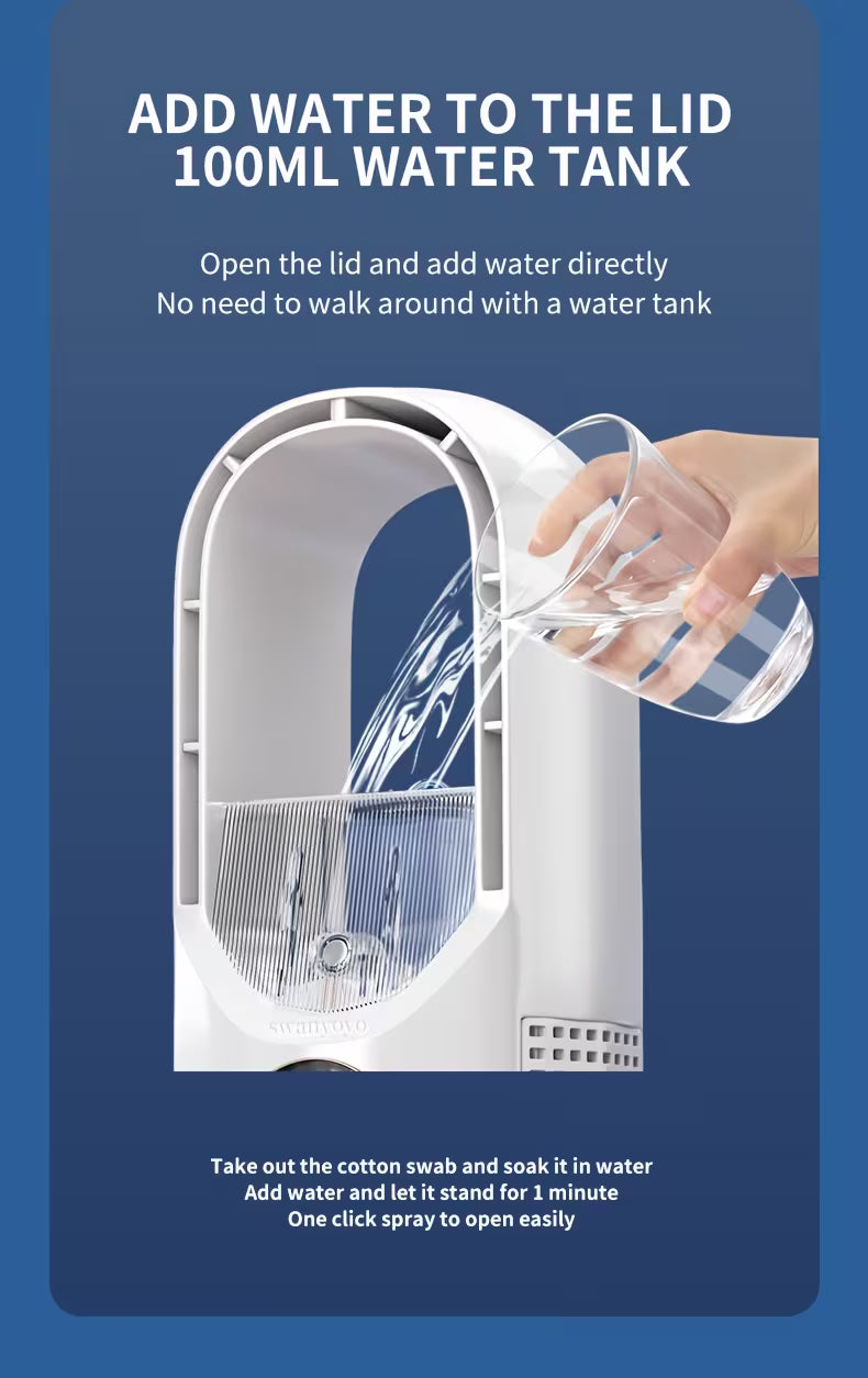 Portable Bladeless Tower Fan – Water Mist Cooling & Timer