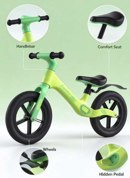 Kids Balance Bike – No-Pedal Training Bike for 1-6 Years, Adjustable Seat & Handlebar, EVA Foam Tires, Green