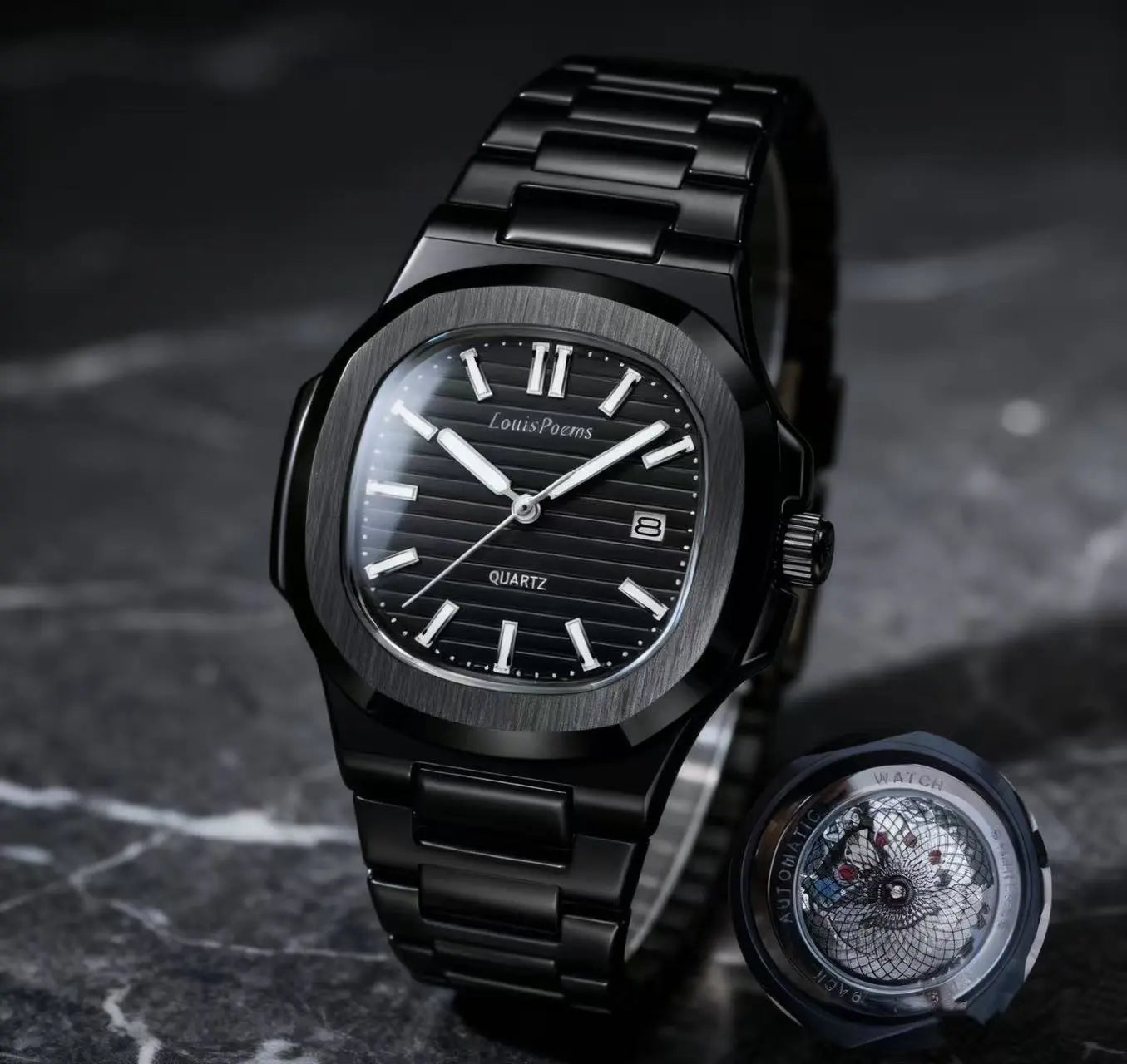 Louis Poems Nautilus Men's Business Fashion Watch - Pure Black Analog Quartz, Water Resistant, Elegant Wristwatch