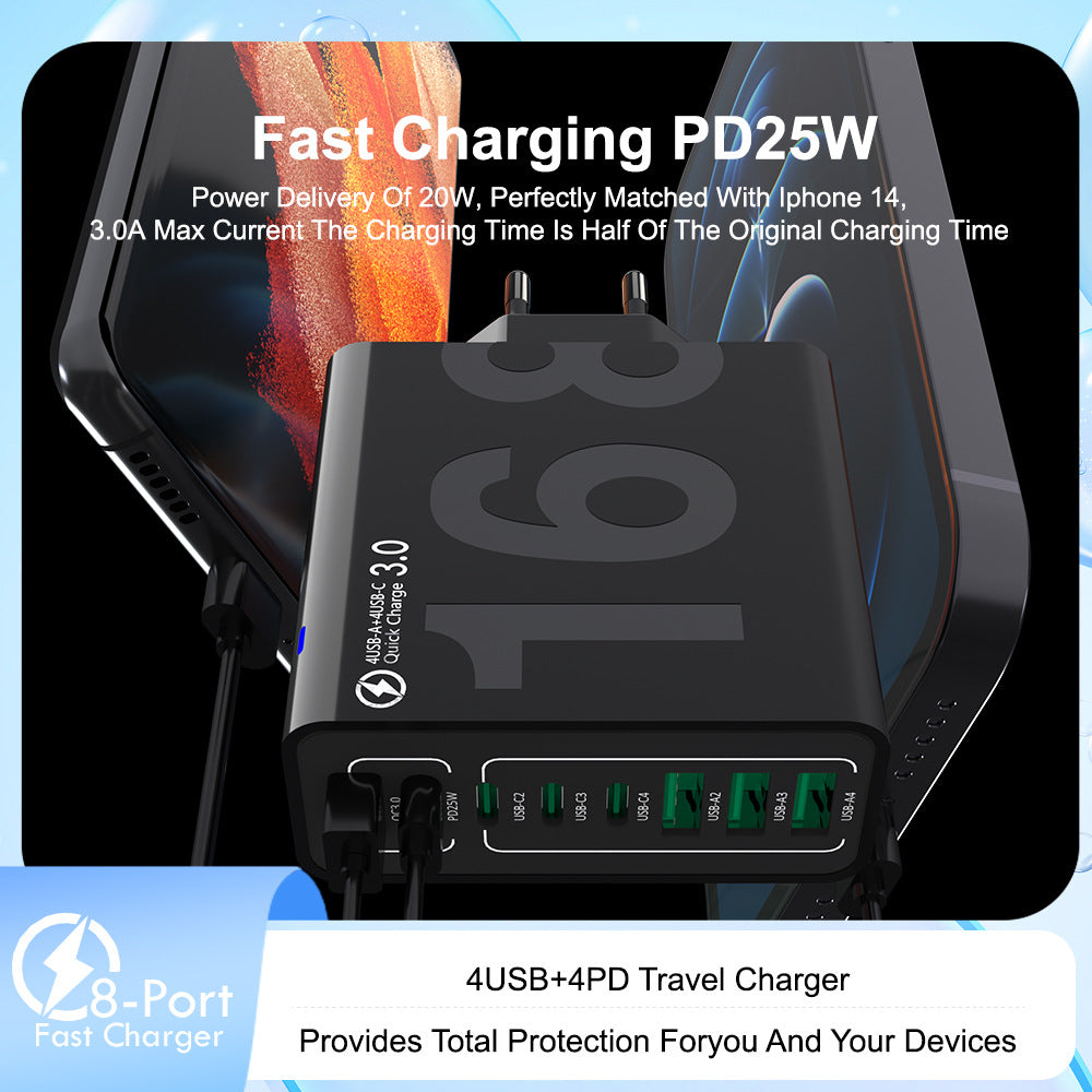 8-Port Fast Charging USB Hub 4 USB-C & 4 USB-A Portable Smart Charger for Multiple Devices, for Phones Tablets & More