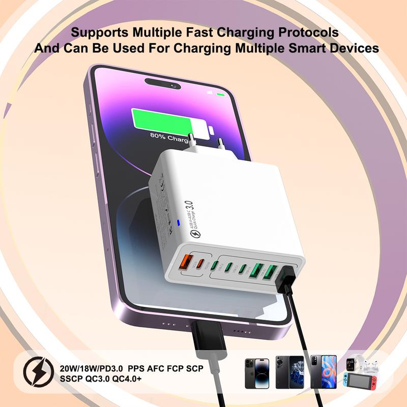 8 in 1 Waterproof Ports USB Fast Charger, Multi-Port Charging Station for Multiple Devices - High-Speed Hub w/Outlet Plug, Portable Wall Adapter for Travel/Home/Office