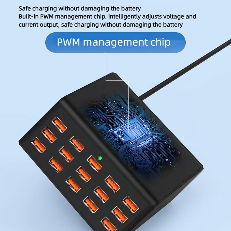 100W Charging Station – 15 USB Ports, Fast & Safe Charging for iPhone, Samsung, Android & Tablets