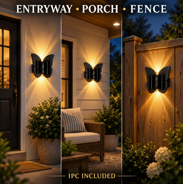1-Piece Butterfly Solar Wall Light – Outdoor Decorative LED Accent Light with White & Warm Light, Automatic Dusk-to-Dawn Lighting, Butterfly-Shaped Garden Wall Decor for Entryway, Porch, Patio & Fence
