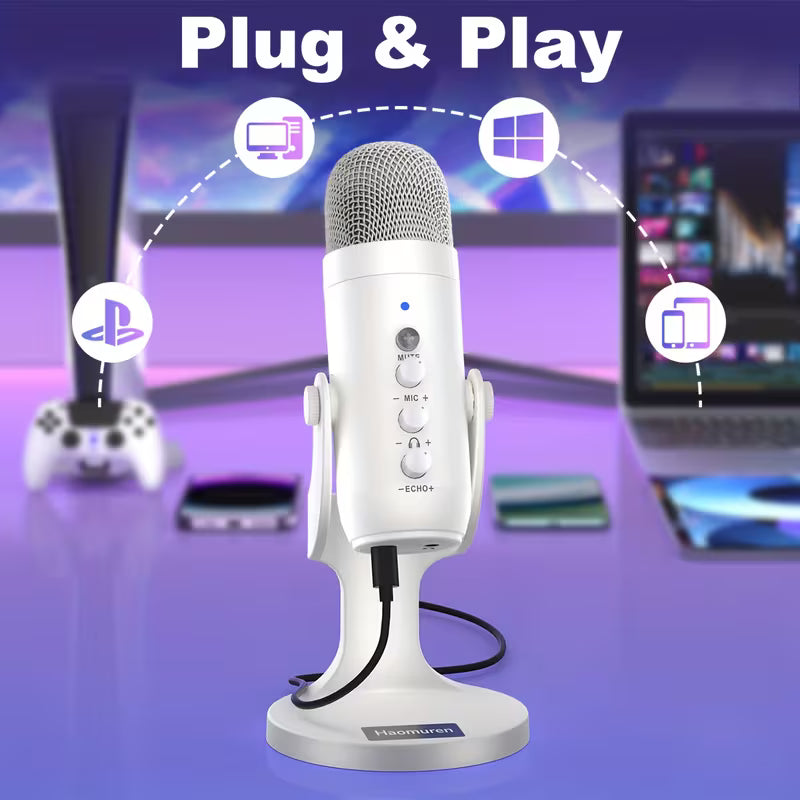 USB Condenser Microphone – Plug & Play with Type-C, Headphone Out, Gain & Mute Control for Streaming