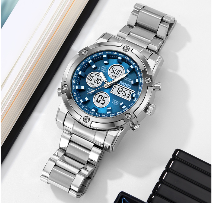 Men's 48mm Round Face Alloy Digital Watch – 30M Waterproof, Stainless Steel Strap, 3 Time Zones, Nightlight, Timer, Calendar, Alarm – Multifunctional Wristwatch