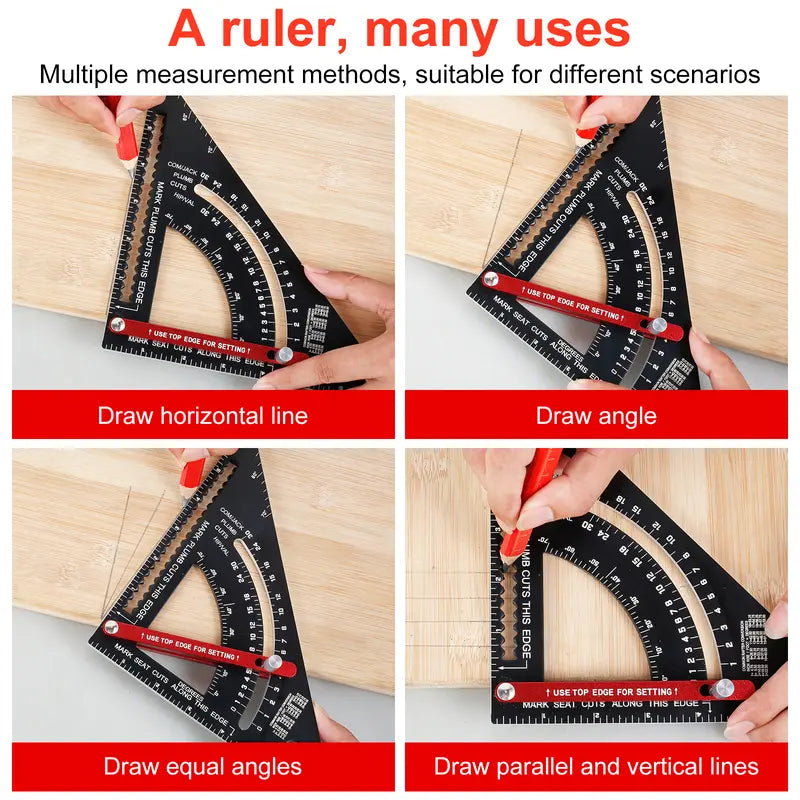 7 Inch Aluminum Carpenter Square, Woodworking Adjustable Rafter Framing Square, Measuring Angle Large Triangle Ruler Layout Tool, Multifunctional Carpentry Square, Gift for Carpenters, Includes 2 Pencils for Measuring