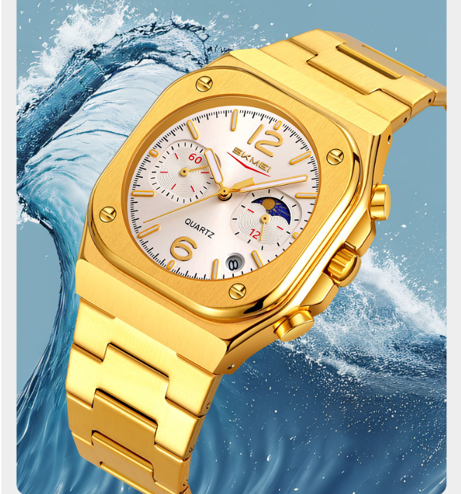 Men's Multifunction Business Quartz Watch – Moon Phase, Date, Chronograph, Stainless Steel, Waterproof, for Daily Wear & Gifting