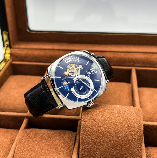 Elegant Men's Mechanical Watch – Retro Square Skeleton Dial, Alloy Case, Automatic Winding, Business Style, Analog Display, Battery-Free