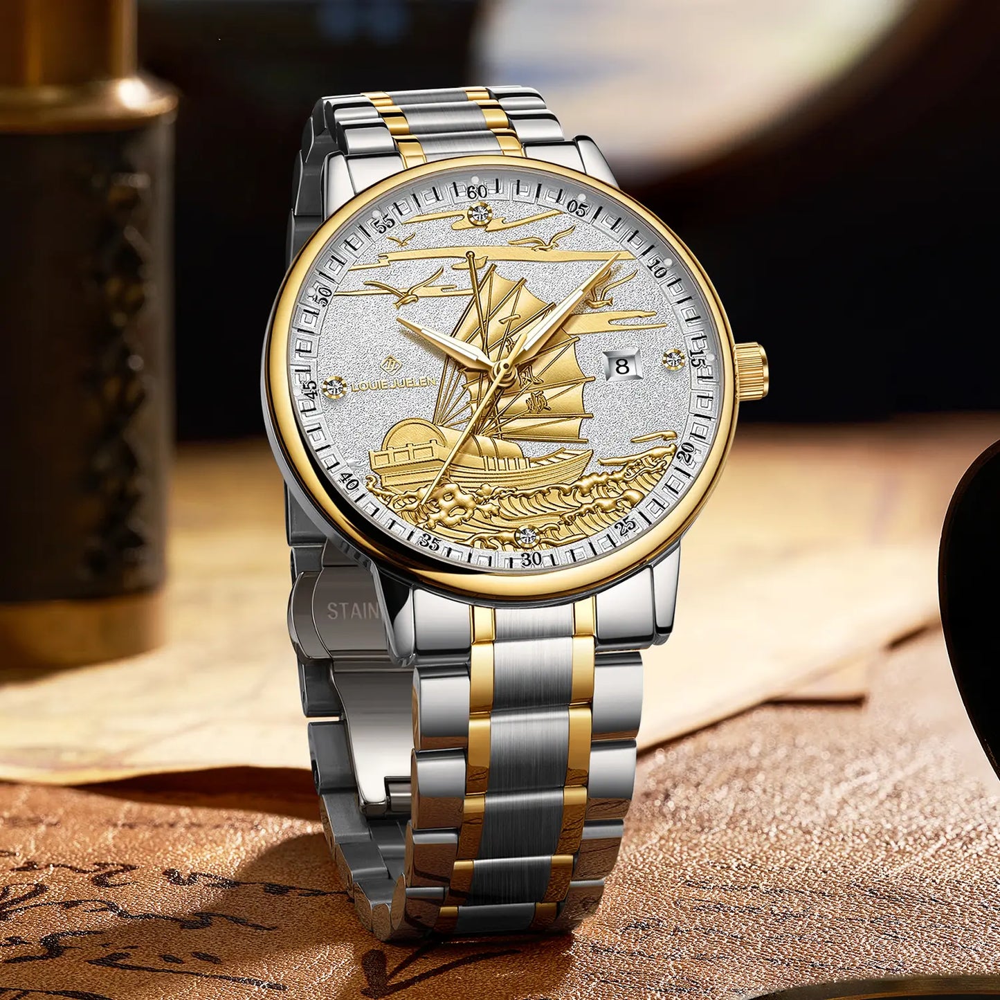 Men's Swiss Luxury Watch – 42mm Stainless Steel Case, Hand-Carved Sailing Ship Dial, Precision Movement