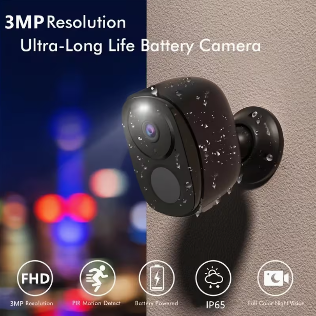 1296P 3MP Wireless Outdoor Security Camera – Battery-Powered WiFi, Spotlight, 2-Way Audio, Color Night Vision, AI & PIR Motion Detection, SD/Cloud Storage (SD Card Not Included)