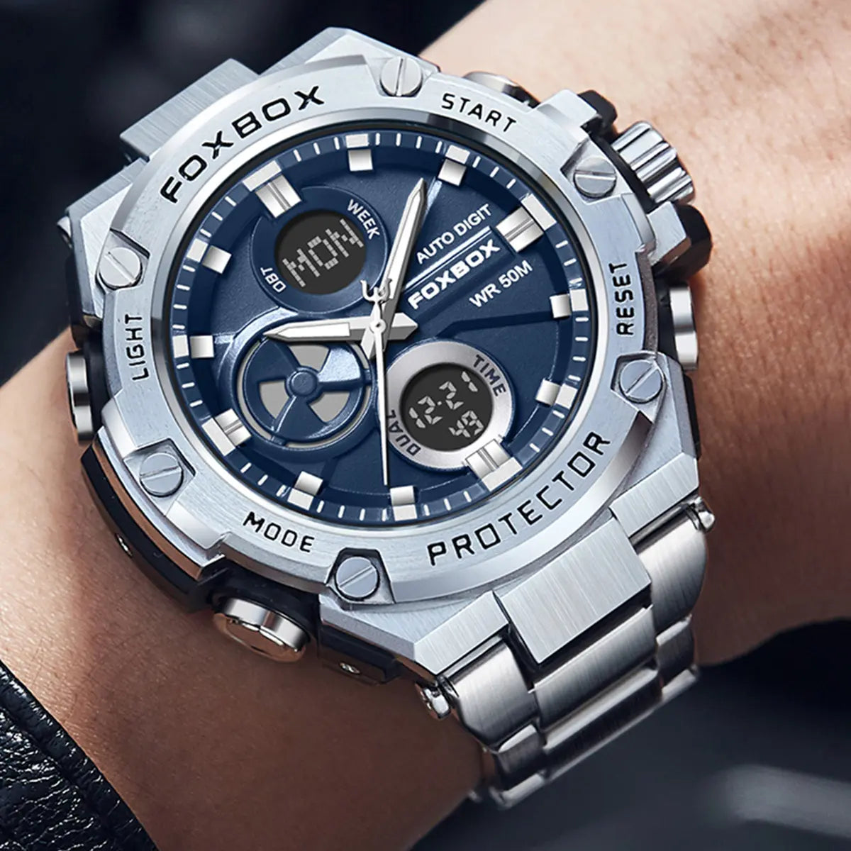 Foxbox Men's Fashion Multifunctional Sports Watch - Water Resistant Alloy Case, Stainless Steel Strap, Electronic Quartz