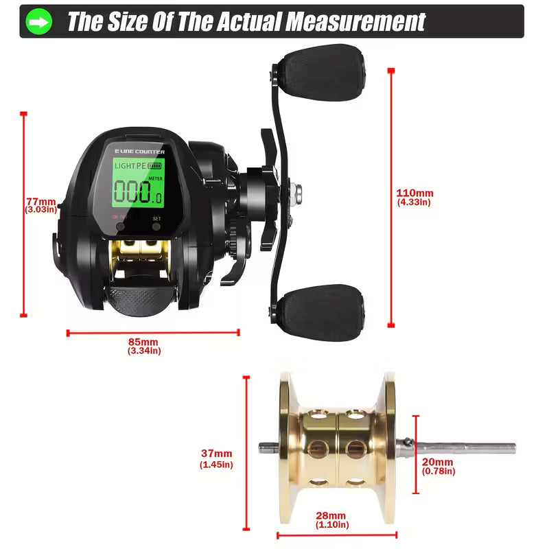 SAMOLLA Digital Display Fishing Reel – Real-Time Line Length, Fish Alarm, 7.2:1, 10kg Brake, USB Charging