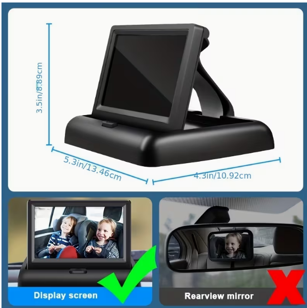 Baby Car Mirror with 4.3" HD Night Vision Display – Safety Car Seat Camera, Wide Crystal Clear View, Easily Observe Baby’s Movements (Not USB)