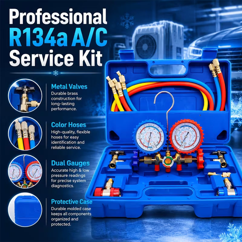 Air Conditioning Manifold Gauge Set – R134a/R12/R22/R404A, 3-Channel with Anti-Vibration Design