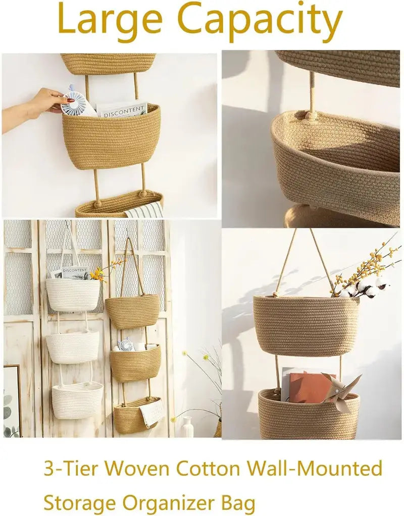 Handmade Woven Cotton 3-Tier Over-the-Door Basket – Wall-Mounted Jute Storage Organizer, Decorative Nursery Baskets for Diapers & Toys