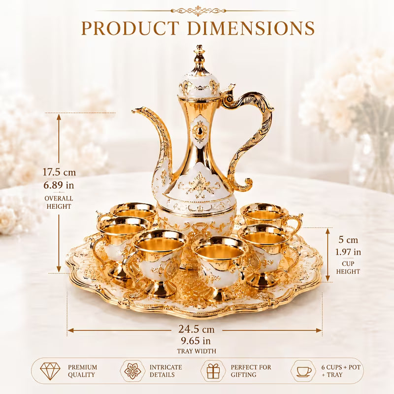 Zinc Alloy Golden Coffee and Tea Set - European Style with 6 Luxurious Cups, Teapot and Tray, Elegant Gift for Tea, Coffee and Cappuccino