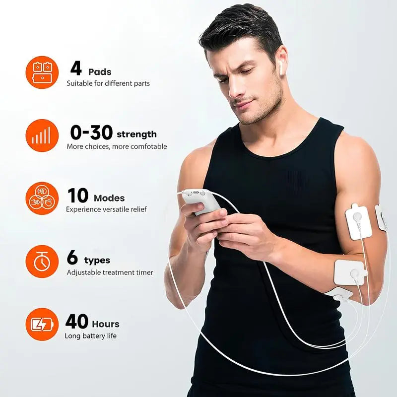 Muscle Massage Unit – 10 Modes, Dual Channel, 30 Intensity Levels, Compact Rechargeable Body Massager with 10 Pads – Great Gifts for Him