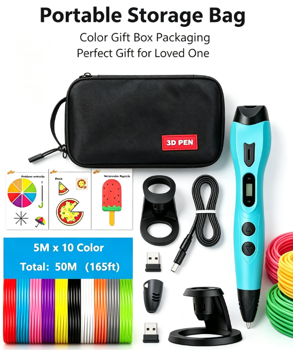 3DLNK 3D Printing Pen – No-Clog Nozzle, 10 Colors PLA Filament (50M), Storage Bag & Gift Box