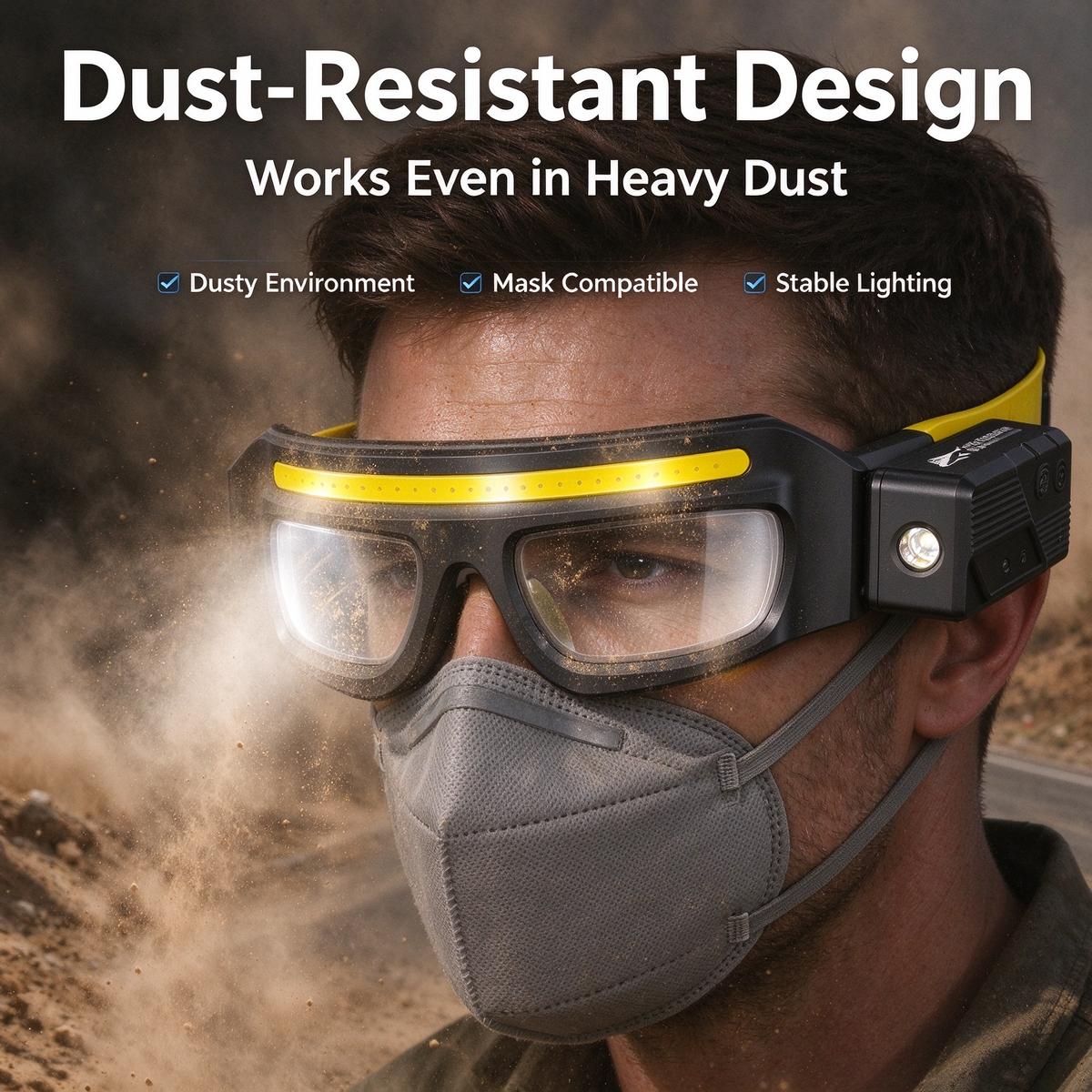 New Work Dustproof Windproof Illuminated Safety Glasses - Rechargeable Portable Outdoor Lighting Eyewear Headlamp with Spot & Flood Dual Light