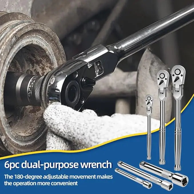 6-Piece Flex Head Ratchet Wrench Set – Chrome Vanadium Steel, 1/4", 3/8", 1/2" Drive with Extension Bars, 72-Tooth, 180° Adjustable Quick-Release, Professional Swivel Head for Tight Spaces
